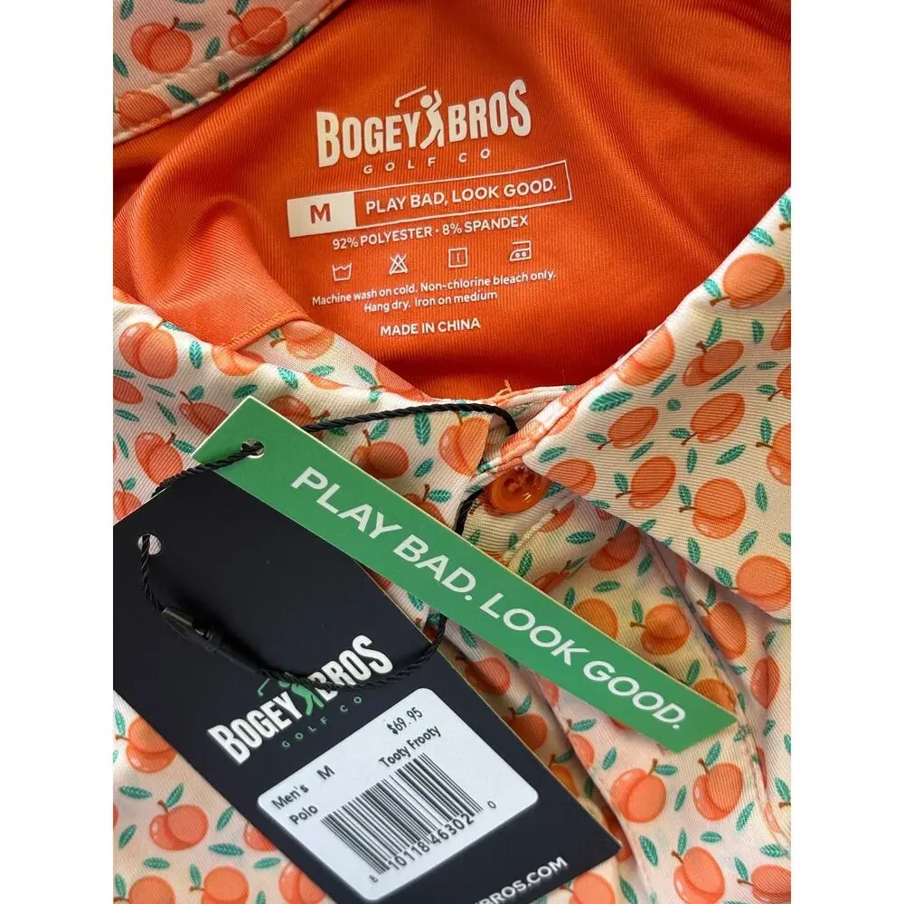 Bogey Bros Polo Shirt Mens M Orange Peach Print Performance Stretch Golf SPF 45+